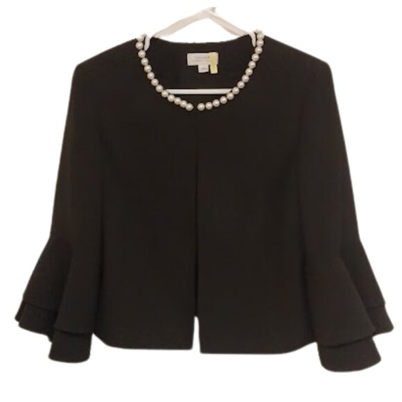 Tahari ASL Women's Faux Bright-White Pearl-Trim Ruffled-Sleeve Black Jacket SZ 8 - Picture 4 of 11